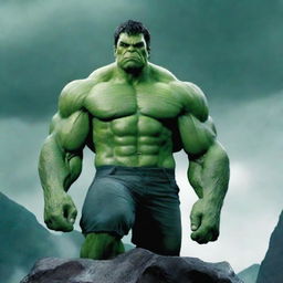 Create an image of the Hulk standing in the rain and in the dark, on the peak of a tall mountain