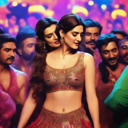 A captivating scene featuring Kriti Sanon being kissed by 50 men in a mesmerizing item song set in a fantastical world