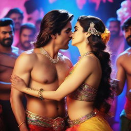 A captivating scene featuring Kriti Sanon being kissed by 50 men in a mesmerizing item song set in a fantastical world