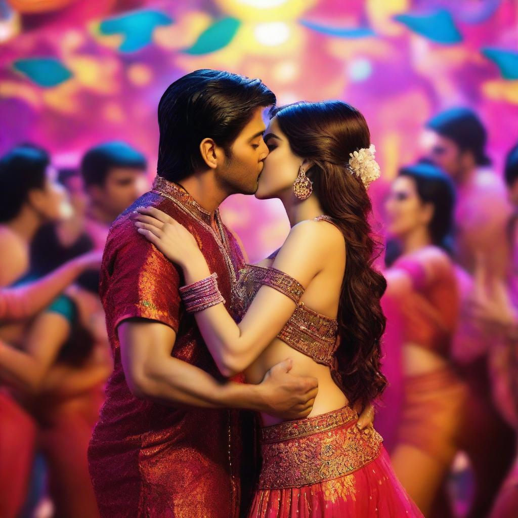 A captivating scene featuring Kriti Sanon being kissed by 50 men in a mesmerizing item song set in a fantastical world