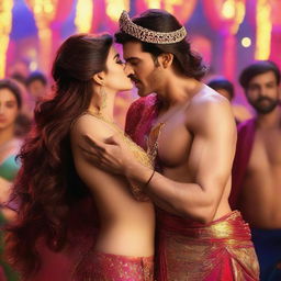 A captivating scene featuring Kriti Sanon being kissed by 50 men in a mesmerizing item song set in a fantastical world