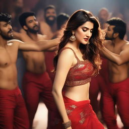 A captivating and sensual scene featuring Kriti Sanon surrounded by 50 male dancers, their bodies swaying in perfect harmony