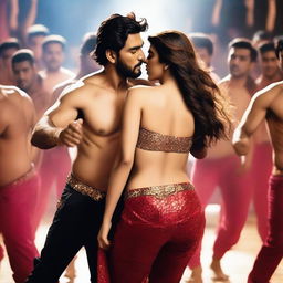 A captivating and sensual scene featuring Kriti Sanon surrounded by 50 male dancers, their bodies swaying in perfect harmony