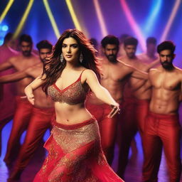 Be captivated by the stunning and sensual scene as Kriti Sanon is surrounded by 50 male dancers