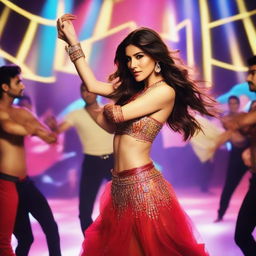 Be captivated by the stunning and sensual scene as Kriti Sanon is surrounded by 50 male dancers