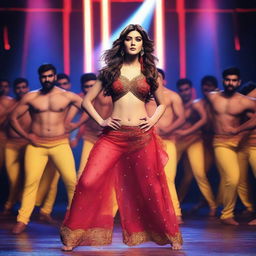 Be captivated by the stunning and sensual scene as Kriti Sanon is surrounded by 50 male dancers