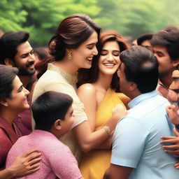 A heartwarming scene featuring Kriti Sanon surrounded by male participants who are hugging her