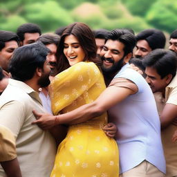 A heartwarming scene featuring Kriti Sanon surrounded by male participants who are hugging her