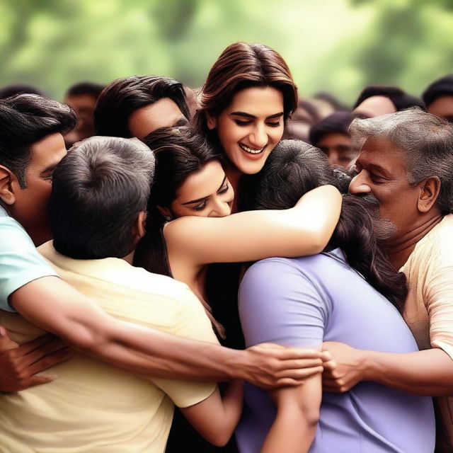 A heartwarming scene featuring Kriti Sanon surrounded by male participants who are hugging her