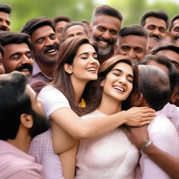 A heartwarming scene featuring Kriti Sanon surrounded by male participants who are hugging her