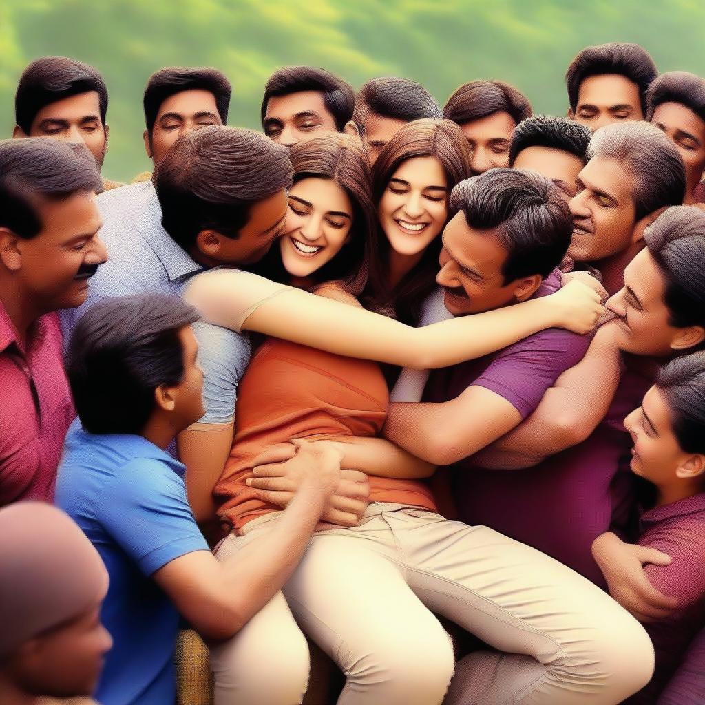 A heartwarming scene featuring Kriti Sanon surrounded by male participants who are hugging her tightly