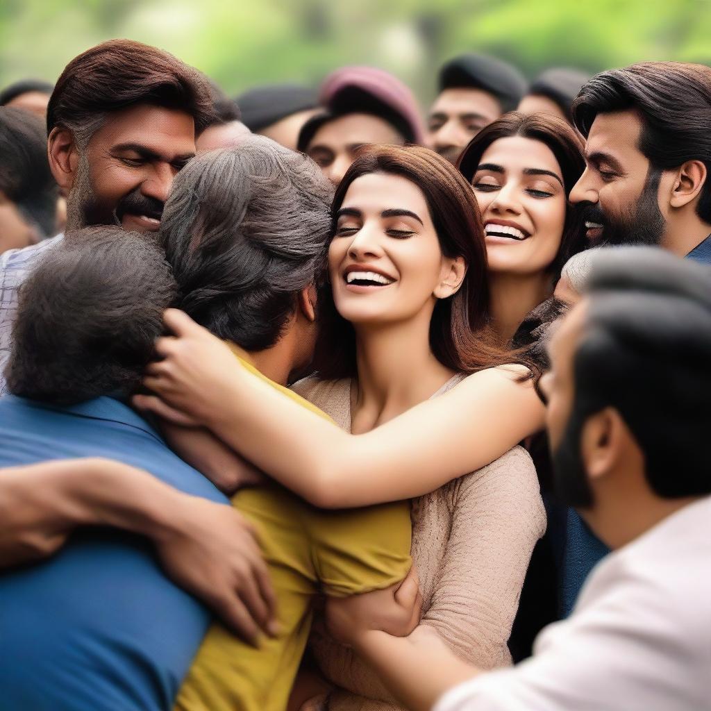 A heartwarming scene featuring Kriti Sanon surrounded by male participants who are hugging her tightly