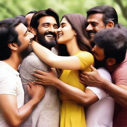 A heartwarming scene featuring Kriti Sanon surrounded by male participants who are hugging her tightly