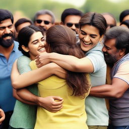 A heartwarming scene featuring Kriti Sanon surrounded by male participants who are hugging her tightly