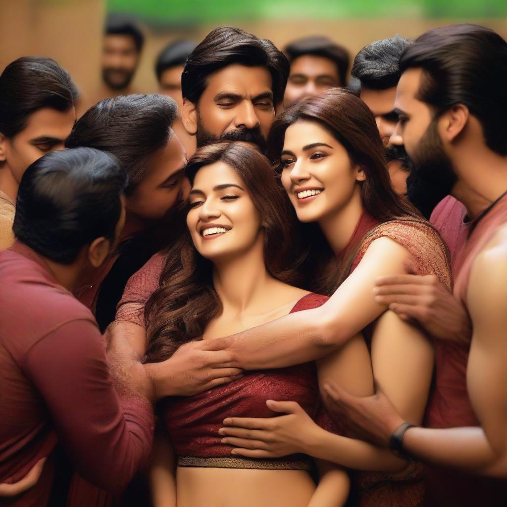 A scene featuring Kriti Sanon surrounded by male participants