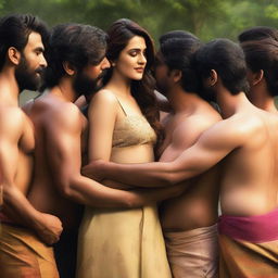 A scene featuring Kriti Sanon surrounded by male participants