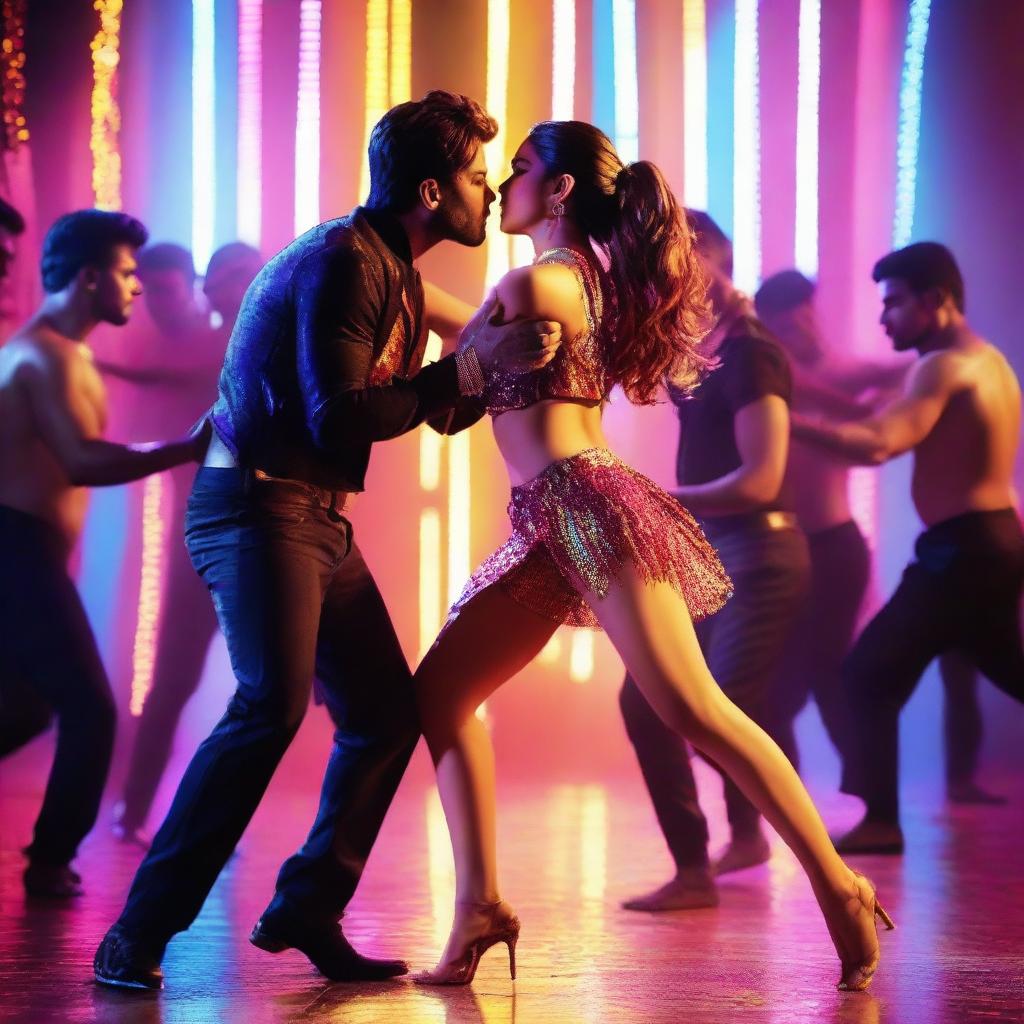 A striking scene featuring Kriti Sanon surrounded by male dancers, each moving in perfect harmony