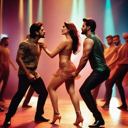 A striking scene featuring Kriti Sanon surrounded by male dancers, each moving in perfect harmony