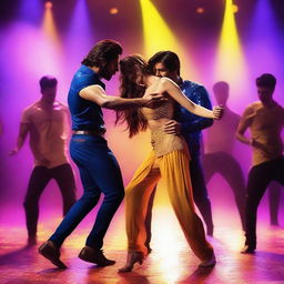 A striking scene featuring Kriti Sanon surrounded by male dancers, each moving in perfect harmony