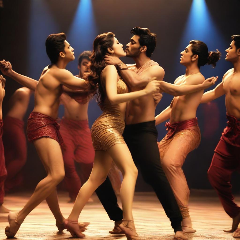 A dramatic scene featuring Kriti Sanon surrounded by male dancers, who are gracefully performing around her