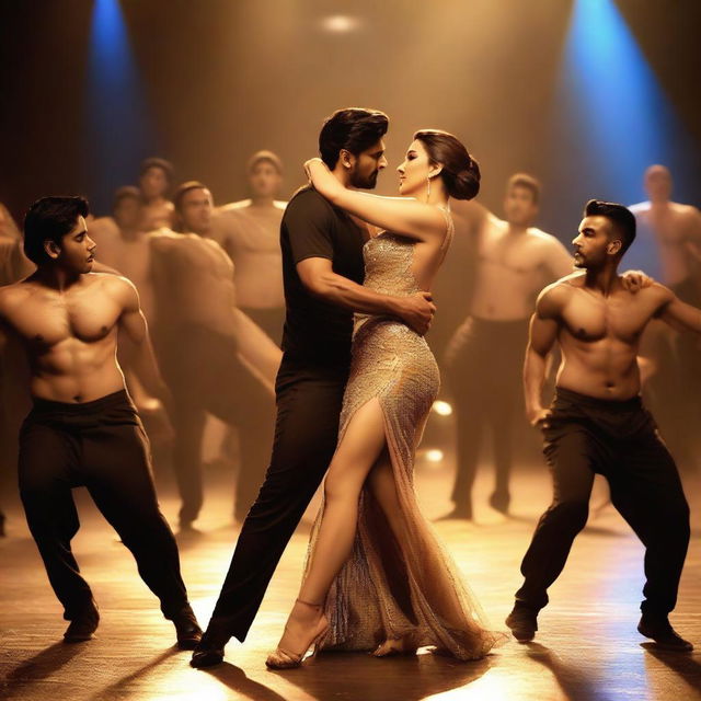 A dramatic scene featuring Kriti Sanon surrounded by male dancers, who are gracefully performing around her