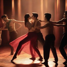 A dramatic scene featuring Kriti Sanon surrounded by male dancers, who are gracefully performing around her