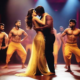 A dramatic scene featuring Kriti Sanon surrounded by male dancers, who are gracefully performing around her