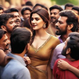 An intense scene featuring Kriti Sanon surrounded by a crowd of male admirers, each vying for her attention