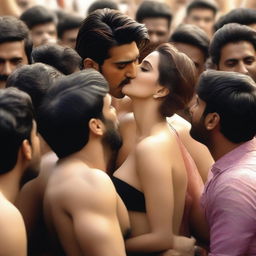 A scene featuring Kriti Sanon in a bikini, surrounded by a crowd of males who are kissing her back