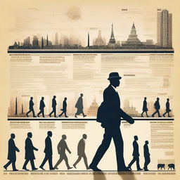 A man walking through different eras of time, with each step showing a different historical period