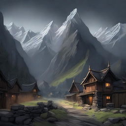 A military fantasy town with dark stone walls and wooden posts deep in the mountains