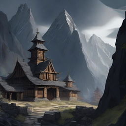 A military fantasy town with dark stone walls and wooden posts deep in the mountains