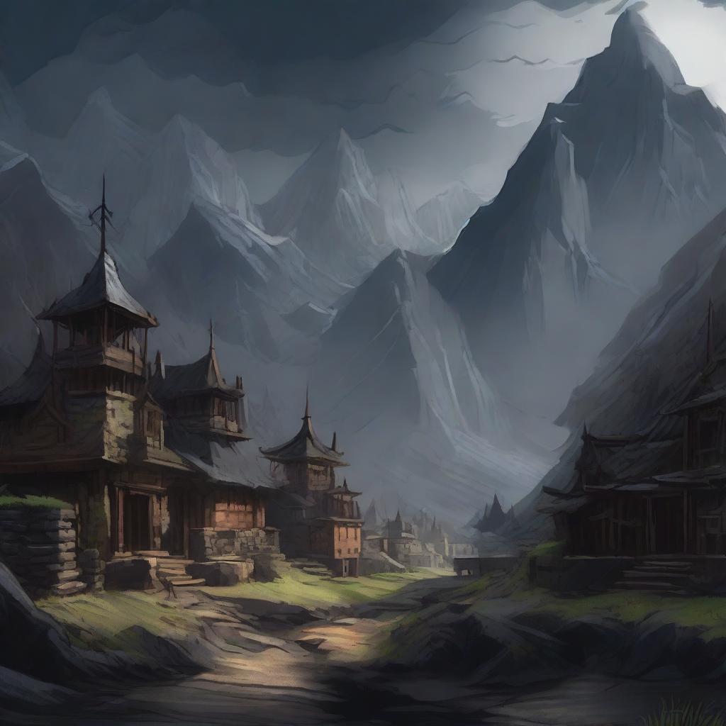 A military fantasy town with dark stone walls and wooden posts deep in the mountains