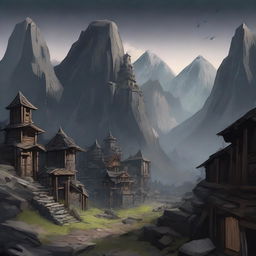 A military fantasy town with dark stone walls and wooden posts deep in the mountains