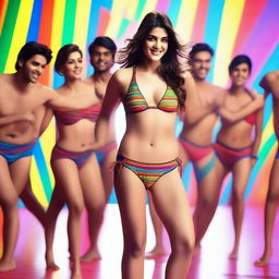 A vibrant scene featuring Kriti Sanon in a bikini, surrounded by male dancers who are energetically performing around her