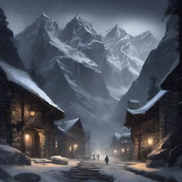 A military fantasy town with dark stone walls and wooden posts surrounding the town deep in the mountains