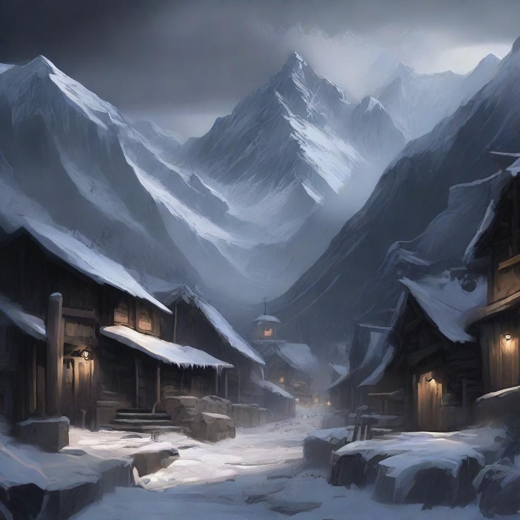 A military fantasy town with dark stone walls and wooden posts surrounding the town deep in the mountains