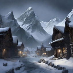 A military fantasy town with dark stone walls and wooden posts surrounding the town deep in the mountains