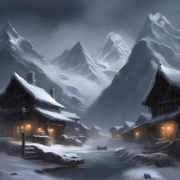 A military fantasy town with dark stone walls and wooden posts surrounding the town deep in the mountains