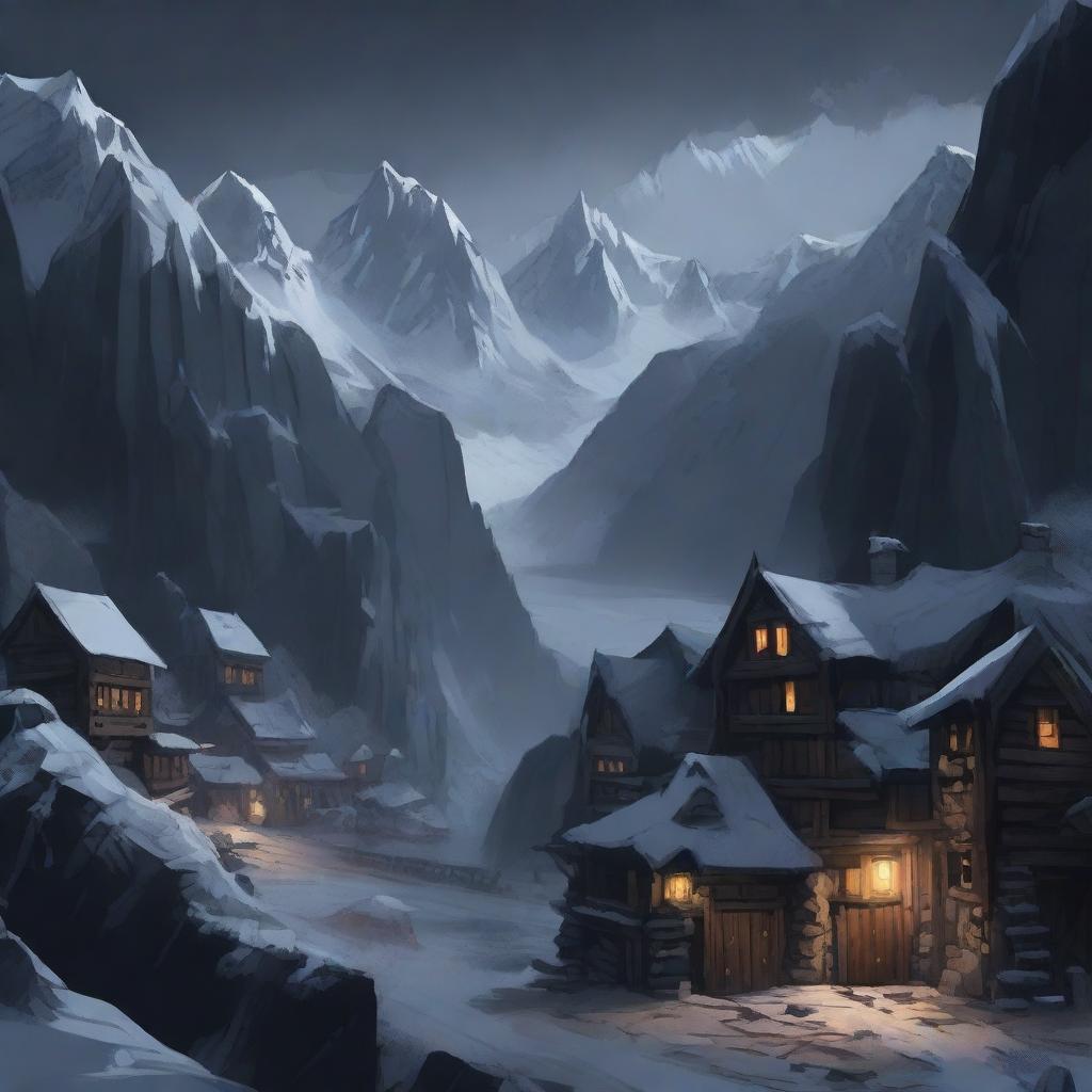 A top-down view of a military fantasy town with dark stone walls and wooden posts surrounding the town deep in the mountains at night