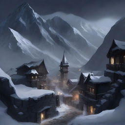 A top-down view of a military fantasy town with dark stone walls and wooden posts surrounding the town deep in the mountains at night