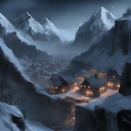 A top-down view of a military fantasy town with dark stone walls and wooden posts surrounding the town deep in the mountains at night