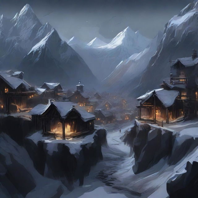 A top-down view of a military fantasy town with dark stone walls and wooden posts surrounding the town deep in the mountains at night