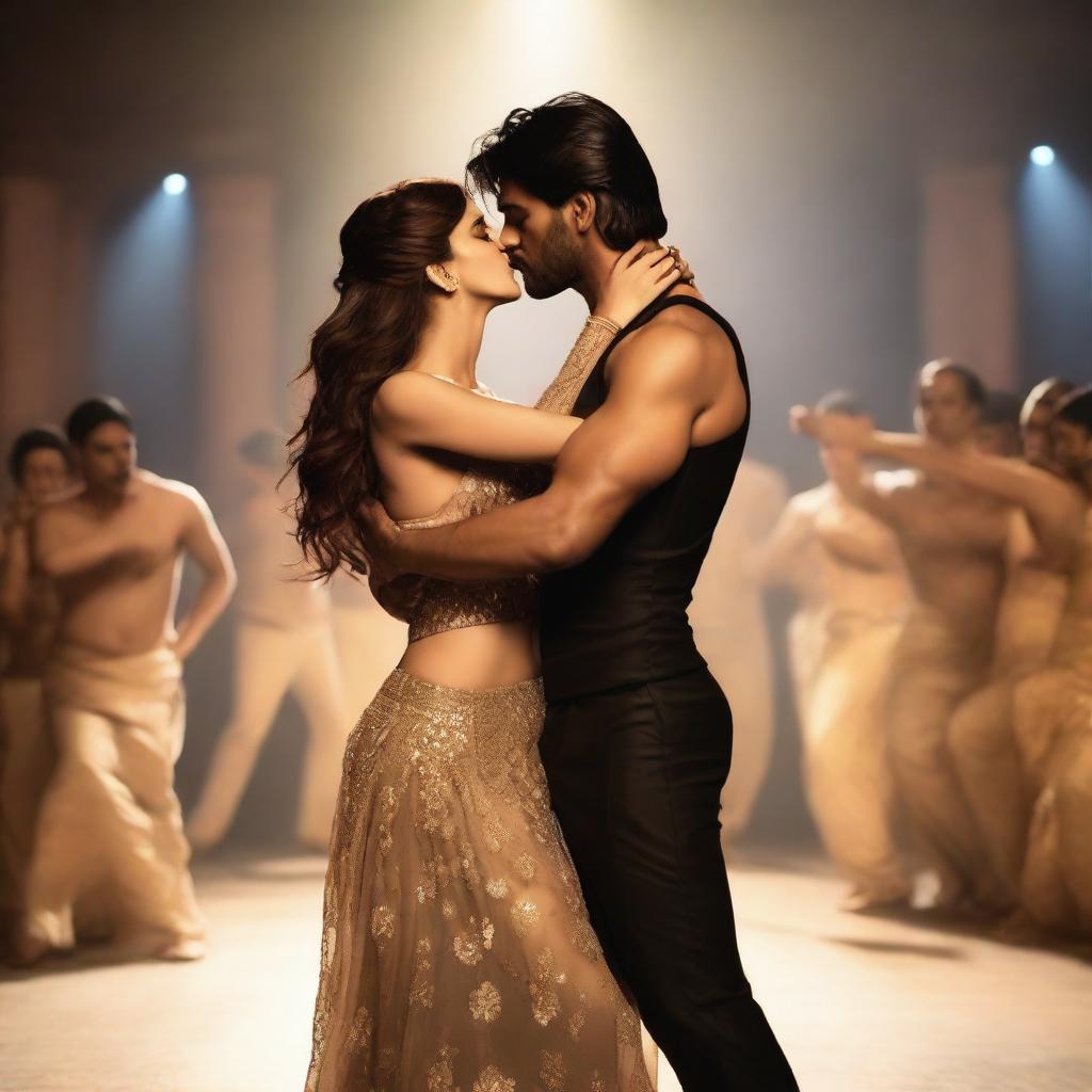 A passionate scene featuring Kriti Sanon engaging in a deep kiss with a male dancer