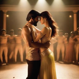 A passionate scene featuring Kriti Sanon engaging in a deep kiss with a male dancer