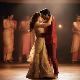 A passionate scene featuring Kriti Sanon engaging in a deep kiss with a male dancer