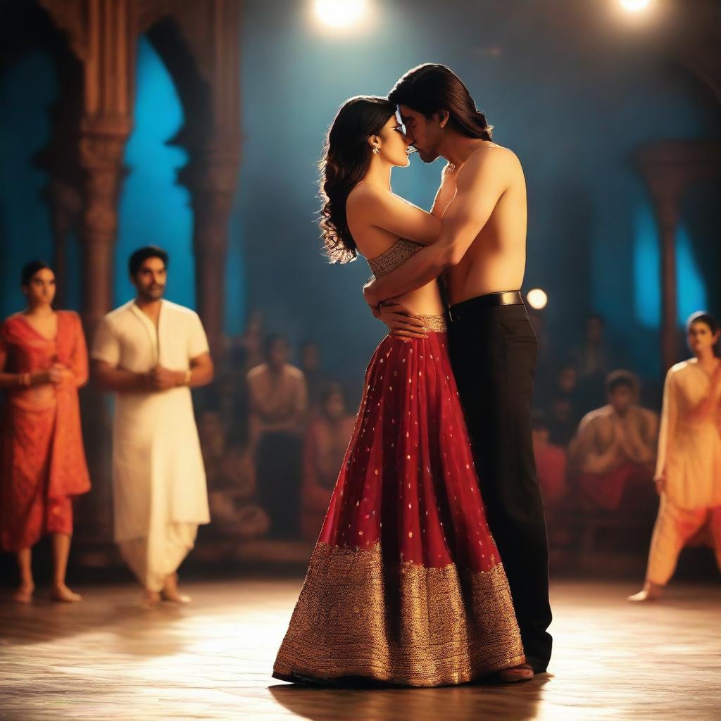 A passionate scene featuring Kriti Sanon engaging in a deep kiss with a male dancer