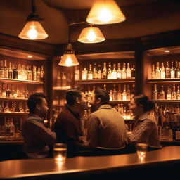 A cozy and lively bar scene with people enjoying drinks, chatting, and laughing