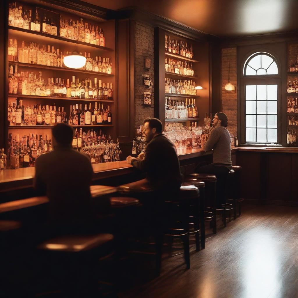 A cozy and lively bar scene with people enjoying drinks, chatting, and laughing