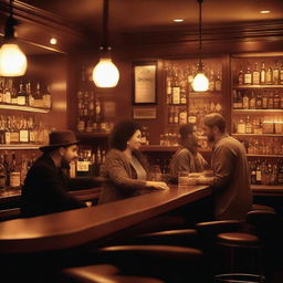 A cozy and lively bar scene with people enjoying drinks, chatting, and laughing